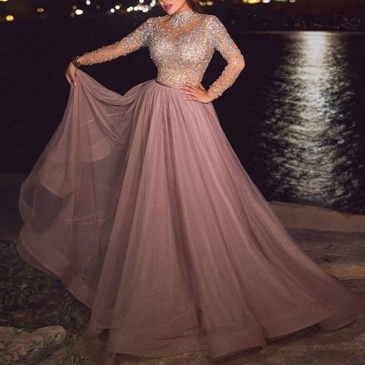 Sparkling Mock Neck Sequin Chiffon See-through Ladies Evening Gown Party Dress