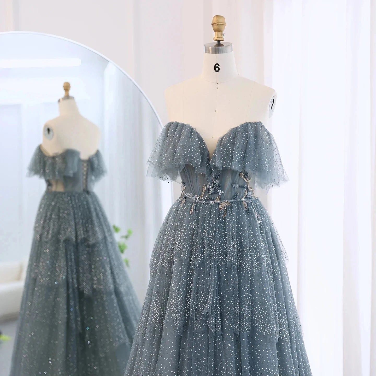 Sparkly Crystal Blue Sweetheart Evening Dress For Women Wedding Tiered Ruffles Luxury Dubai Bridal Party Gowns Sz017