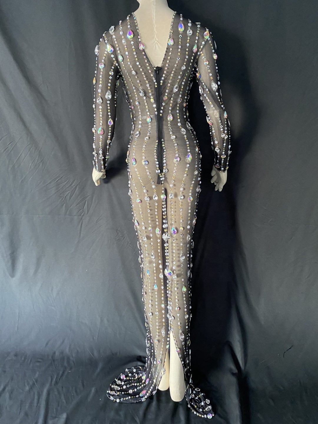 Sparkly Long Sleeve Crystal See Through Prom Gowns Sexy Stage Costumes Rhinestone Evening Dress Women Wedding Party Dress