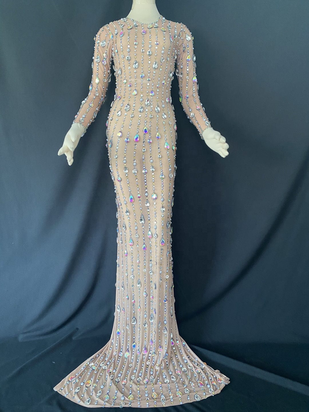 Sparkly Long Sleeve Crystal See Through Prom Gowns Sexy Stage Costumes Rhinestone Evening Dress Women Wedding Party Dress