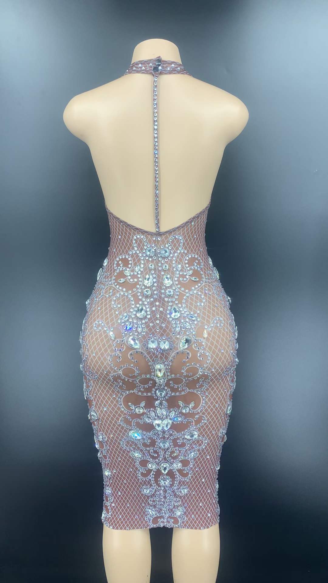 Sparkly Rhinestone Shinny Sexy Backless Wrap Hip Slim Halter Mini Dress Nude Sexy Mesh See Through Club Night Dress Bodycon