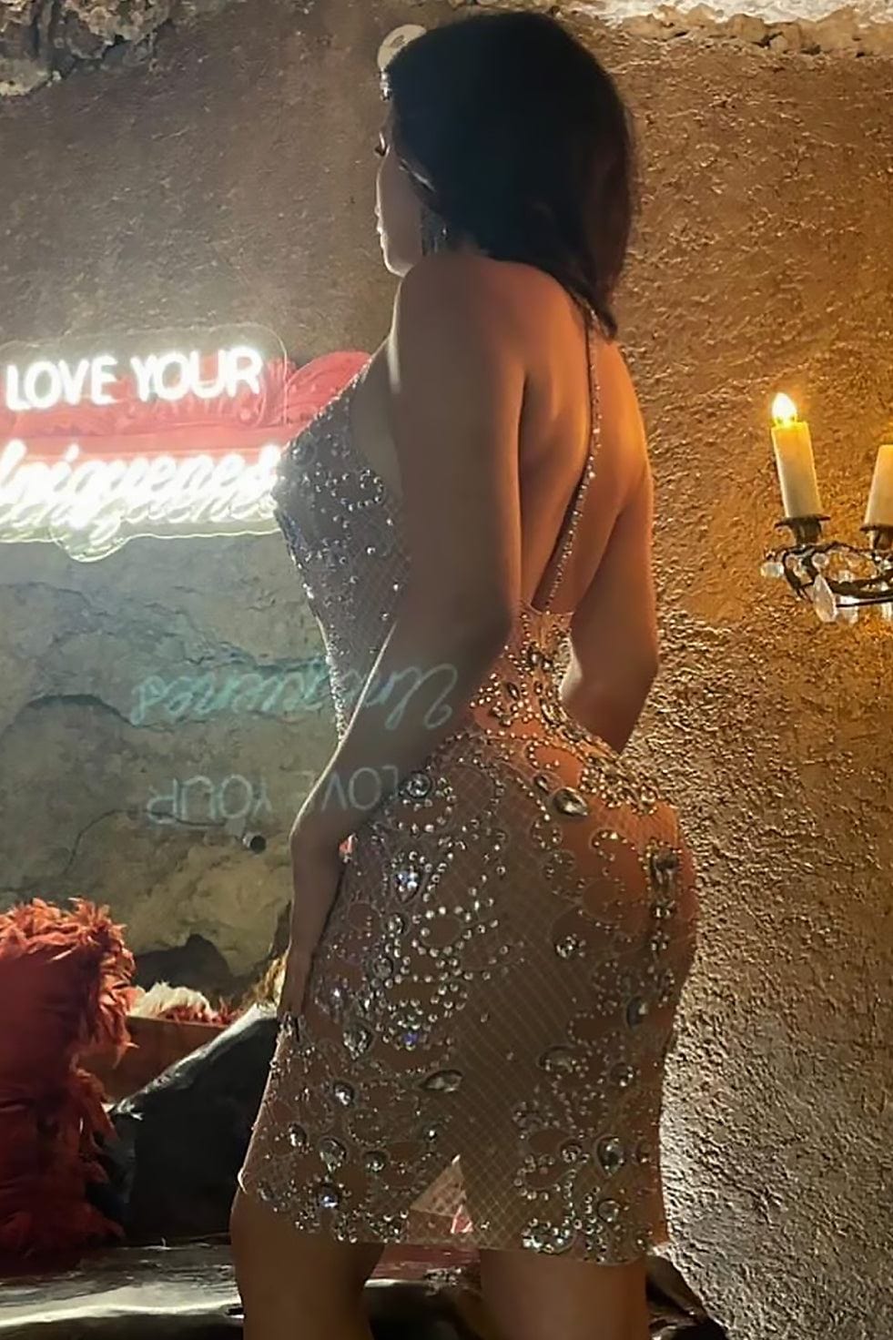 Sparkly Rhinestone Shinny Sexy Backless Wrap Hip Slim Halter Mini Dress Nude Sexy Mesh See Through Club Night Dress Bodycon