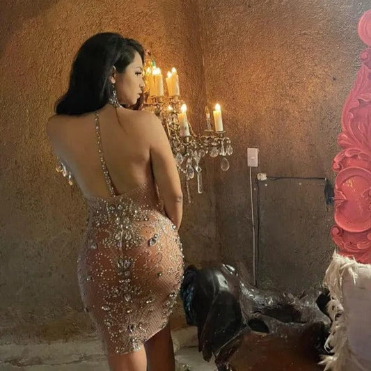Sparkly Rhinestone Shinny Sexy Backless Wrap Hip Slim Halter Mini Dress Nude Sexy Mesh See Through Club Night Dress Bodycon
