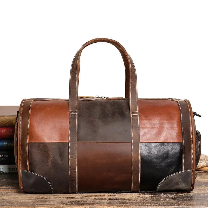 splice color Large  Vintage Genuine Leather Women Men Travel Bag Business Male Duffle Bag High Quality Patchwork