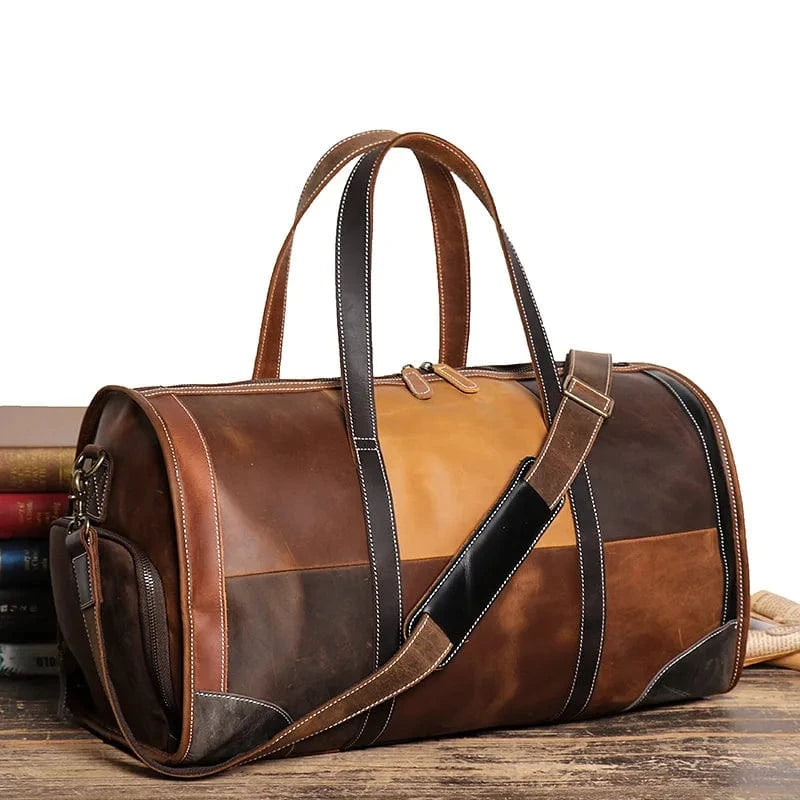 splice color Large  Vintage Genuine Leather Women Men Travel Bag Business Male Duffle Bag High Quality Patchwork