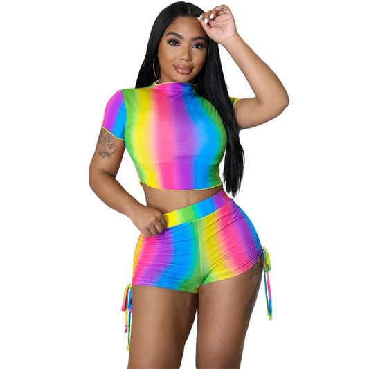 Sports and leisure large size short T-shirt suit rainbow striped print short-sleeved shorts two-piece set for women