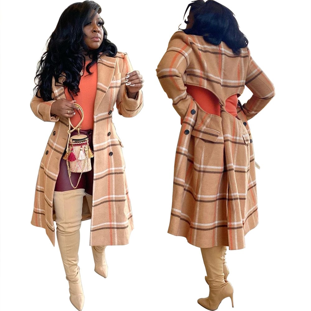 Spring 2022 Plaid Coat Outerwear Sexy Constructed Cut Out Double Layer Trench Plaid Coat