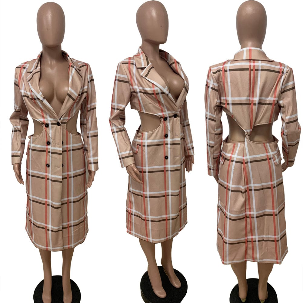 Spring 2022 Plaid Coat Outerwear Sexy Constructed Cut Out Double Layer Trench Plaid Coat