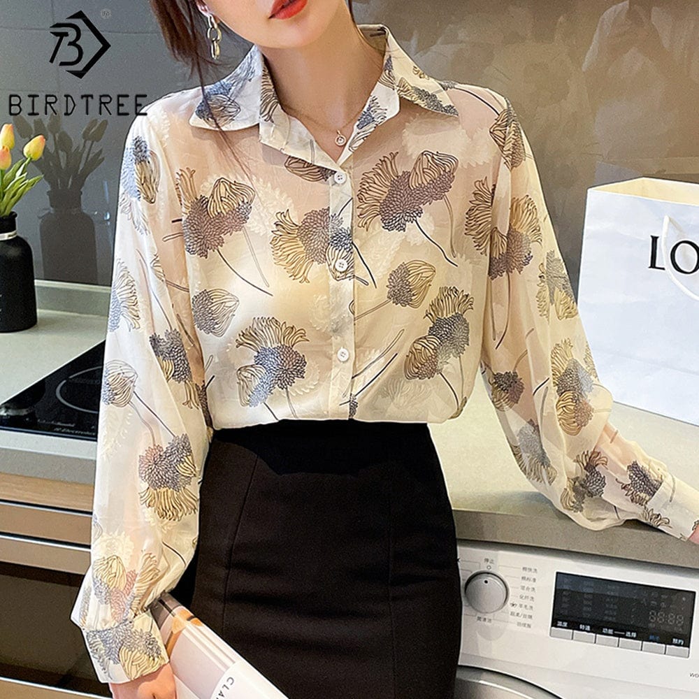 Spring 2022 Women's Long Lantern Sleeve Shirts  Floral Buttoned Up Chiffon Blouses Shirt