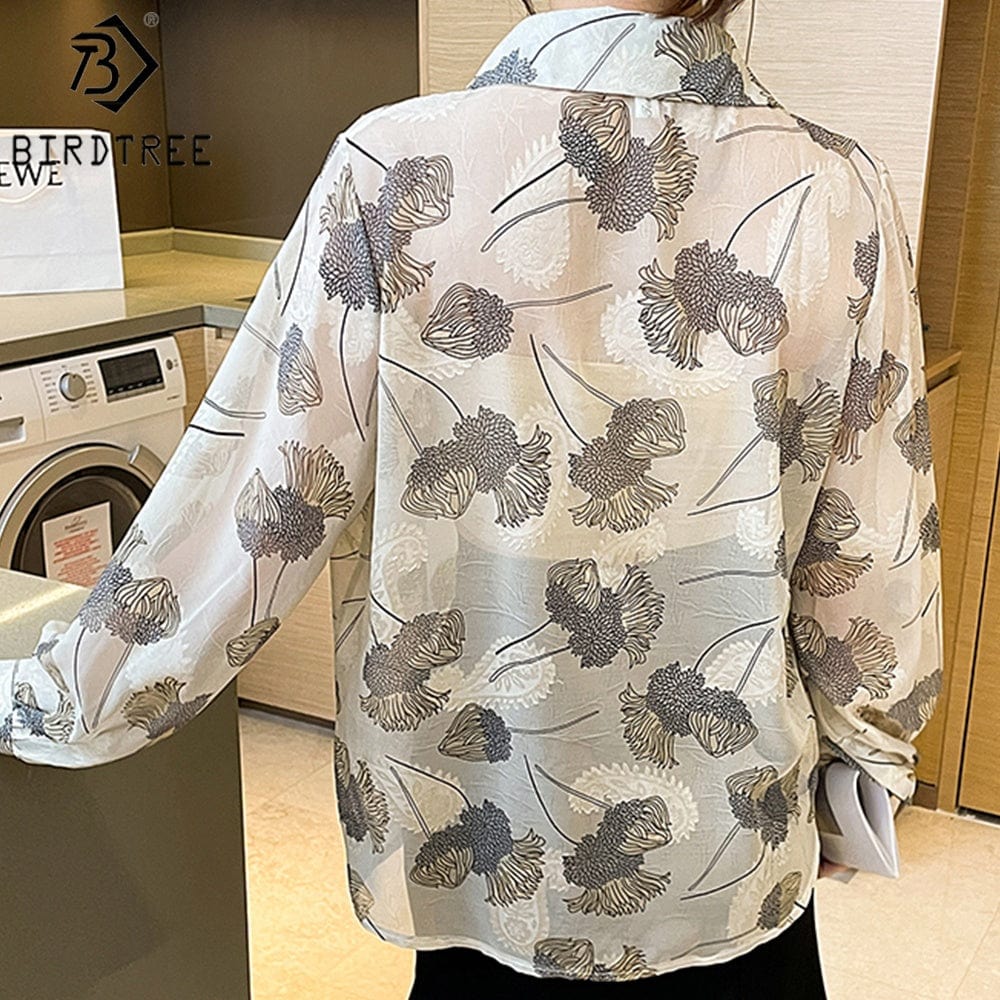 Spring 2022 Women's Long Lantern Sleeve Shirts  Floral Buttoned Up Chiffon Blouses Shirt