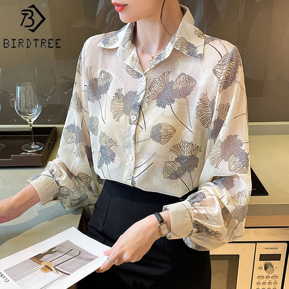 Spring 2022 Women's Long Lantern Sleeve Shirts  Floral Buttoned Up Chiffon Blouses Shirt