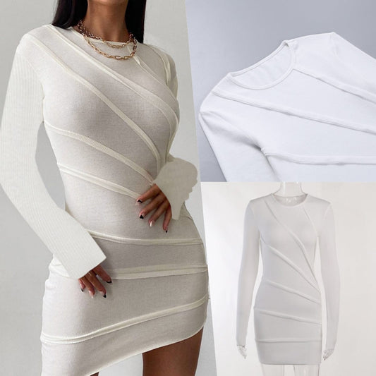 Spring 2023 New Round Neck Long Sleeve Solid Color Patchwork Hip Skirt Sexy Slim Design Sense Women's Dress
