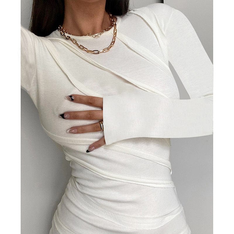 Spring 2023 New Round Neck Long Sleeve Solid Color Patchwork Hip Skirt Sexy Slim Design Sense Women's Dress