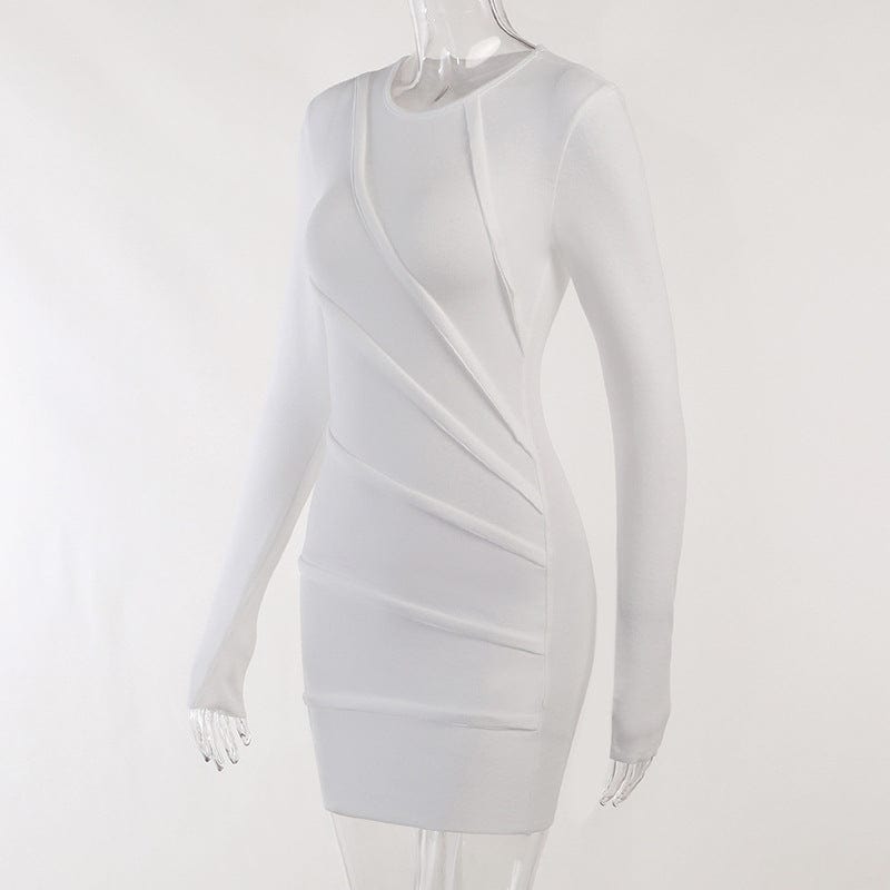 Spring 2023 New Round Neck Long Sleeve Solid Color Patchwork Hip Skirt Sexy Slim Design Sense Women's Dress