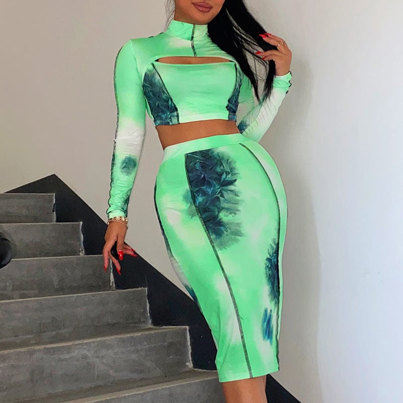 Spring 2023 Tie Dye Color Contrast Printing Cut Out Zipper Long Sleeve Blouse Match Bodycon Midi Skirt 2 Piece Set