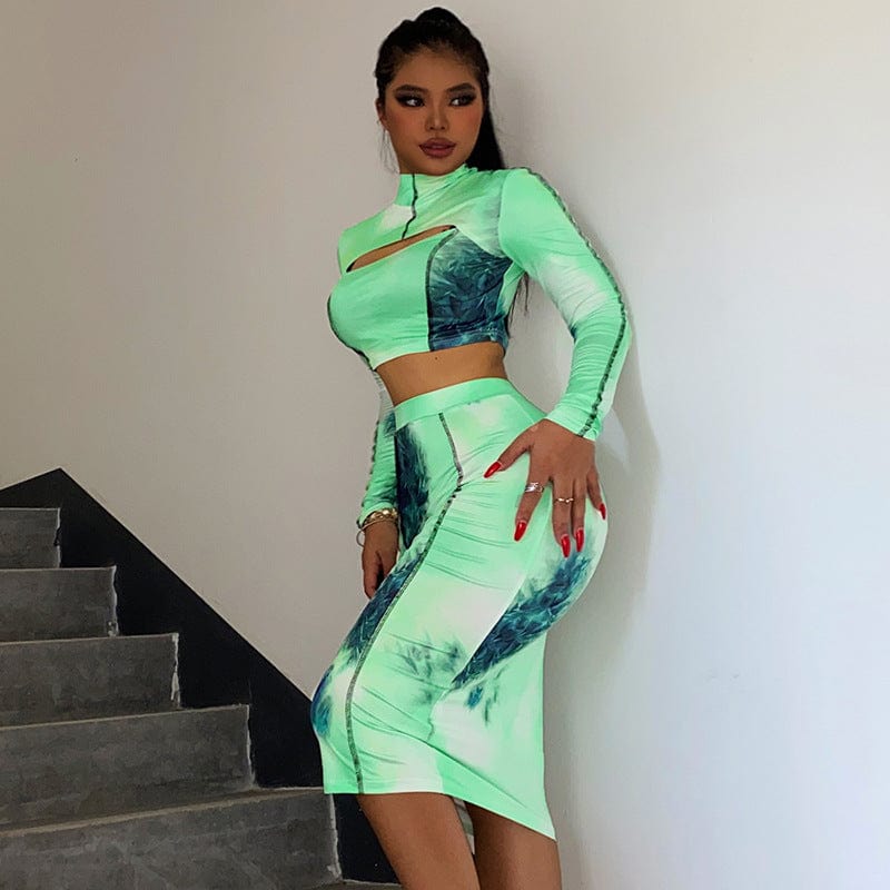 Spring 2023 Tie Dye Color Contrast Printing Cut Out Zipper Long Sleeve Blouse Match Bodycon Midi Skirt 2 Piece Set