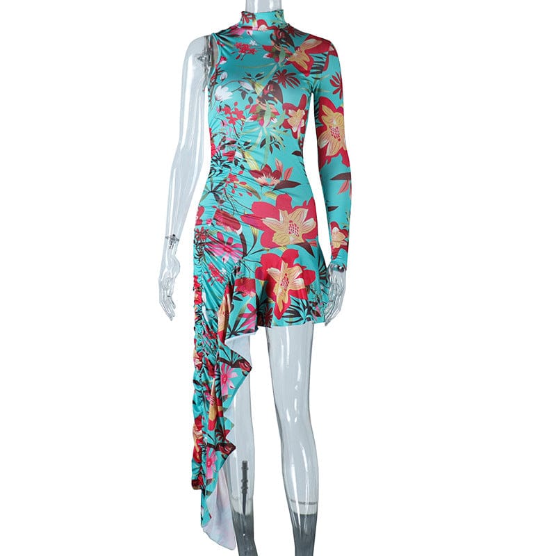 Spring 2023 Women s Clothing Stand Collar Single Long Sleeve Ruffled Edge Irregular Mid-length Dress