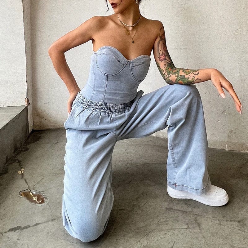 Spring 2023 Women s Clothing Womens Straight Leg Jeans Regular No Rip Denim Corset Top Pants Set Blue Jean Pants for Women