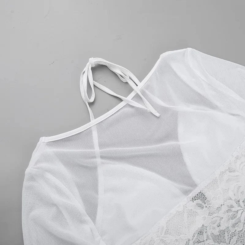 Spring 2024 Fashionable Deep V Neck Two Pieces Set Sexy Dress Slim Lace Mesh Crop Top And Mini Skirt