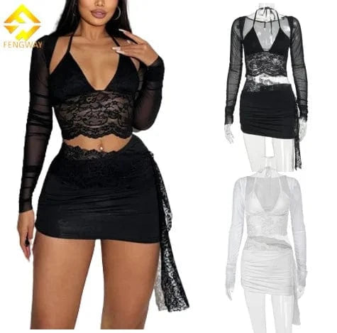 Spring 2024 Fashionable Deep V Neck Two Pieces Set Sexy Dress Slim Lace Mesh Crop Top And Mini Skirt