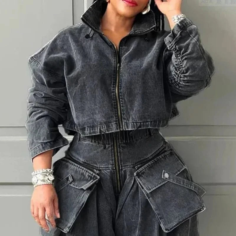 Spring 2024 Women Clothes Trendy Washed Denim Coat Fashion Loose Short Jacket Stand Collar Zipper Denim Jacket