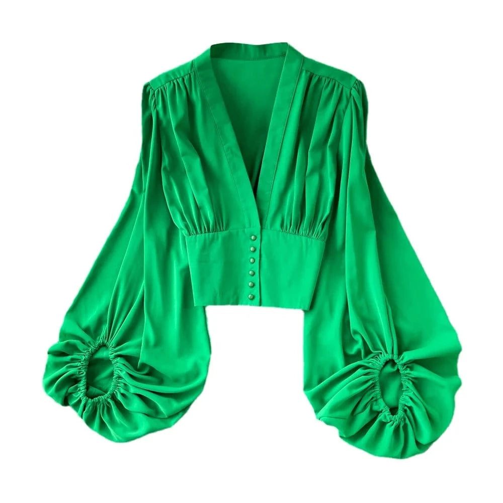 Spring and Autumn Fashion V-neck Lantern Long Sleeve Shirt Women High Waisted Pullover Short Slim Top