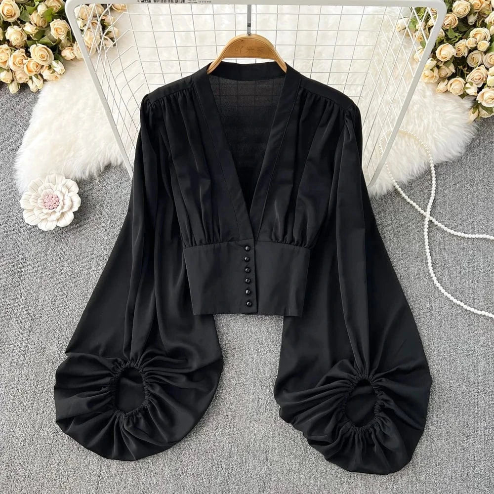 Spring and Autumn Fashion V-neck Lantern Long Sleeve Shirt Women High Waisted Pullover Short Slim Top