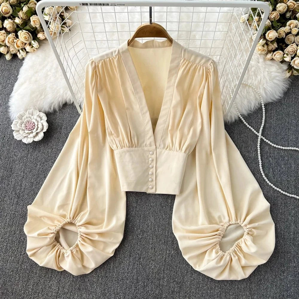 Spring and Autumn Fashion V-neck Lantern Long Sleeve Shirt Women High Waisted Pullover Short Slim Top