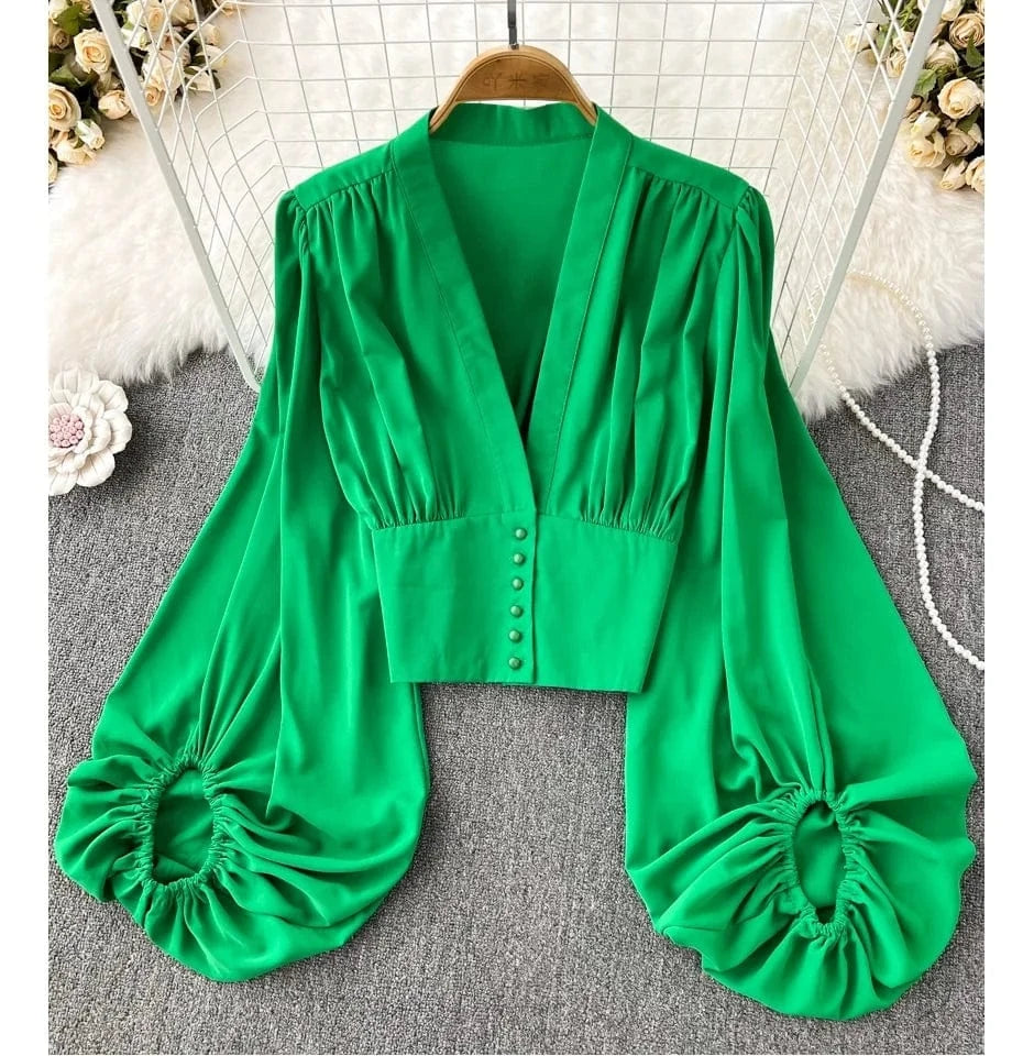 Spring and Autumn Fashion V-neck Lantern Long Sleeve Shirt Women High Waisted Pullover Short Slim Top