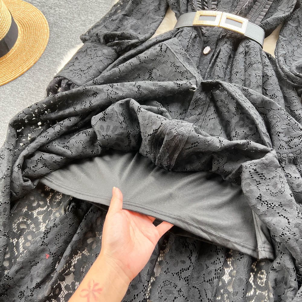 Spring And Autumn Long Sleeve Dress New Women's Vintage Dress Hollow Out French Style Lace Sexy Large Swing Long Dress