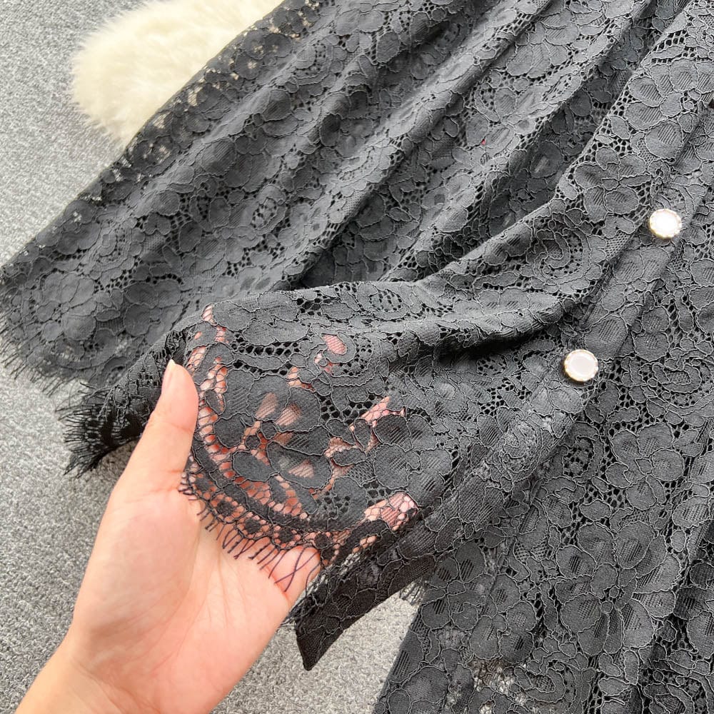 Spring And Autumn Long Sleeve Dress New Women's Vintage Dress Hollow Out French Style Lace Sexy Large Swing Long Dress