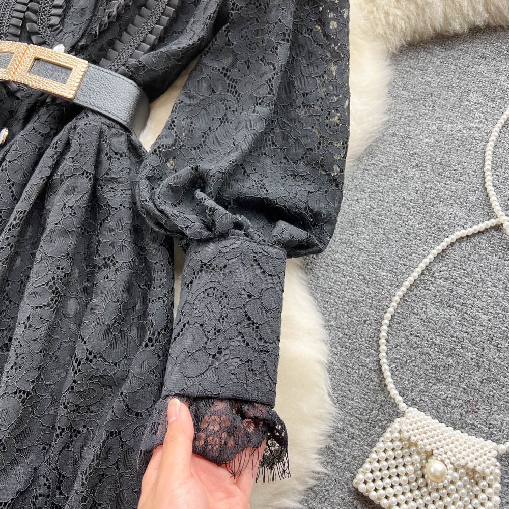 Spring And Autumn Long Sleeve Dress New Women's Vintage Dress Hollow Out French Style Lace Sexy Large Swing Long Dress