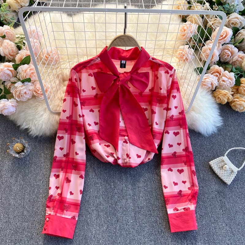 Spring and Autumn New Bow Tie Heart Print Checker Pattern Versatile Shirt Women's Sweet Top Fashion