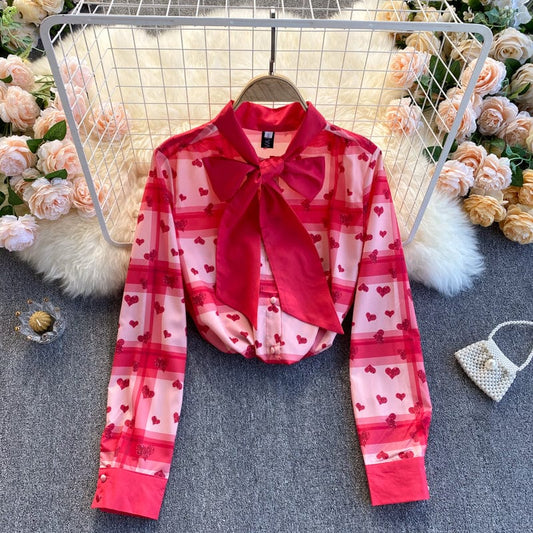 Spring and Autumn New Bow Tie Heart Print Checker Pattern Versatile Shirt Women's Sweet Top Fashion