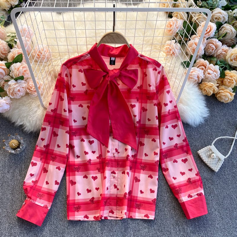 Spring and Autumn New Bow Tie Heart Print Checker Pattern Versatile Shirt Women's Sweet Top Fashion