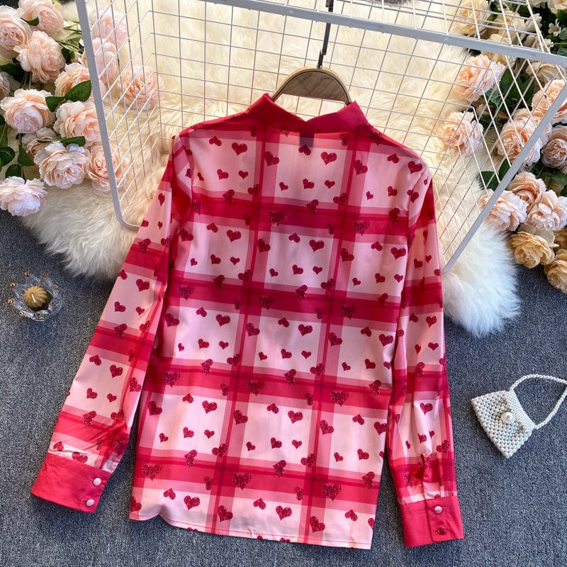 Spring and Autumn New Bow Tie Heart Print Checker Pattern Versatile Shirt Women's Sweet Top Fashion
