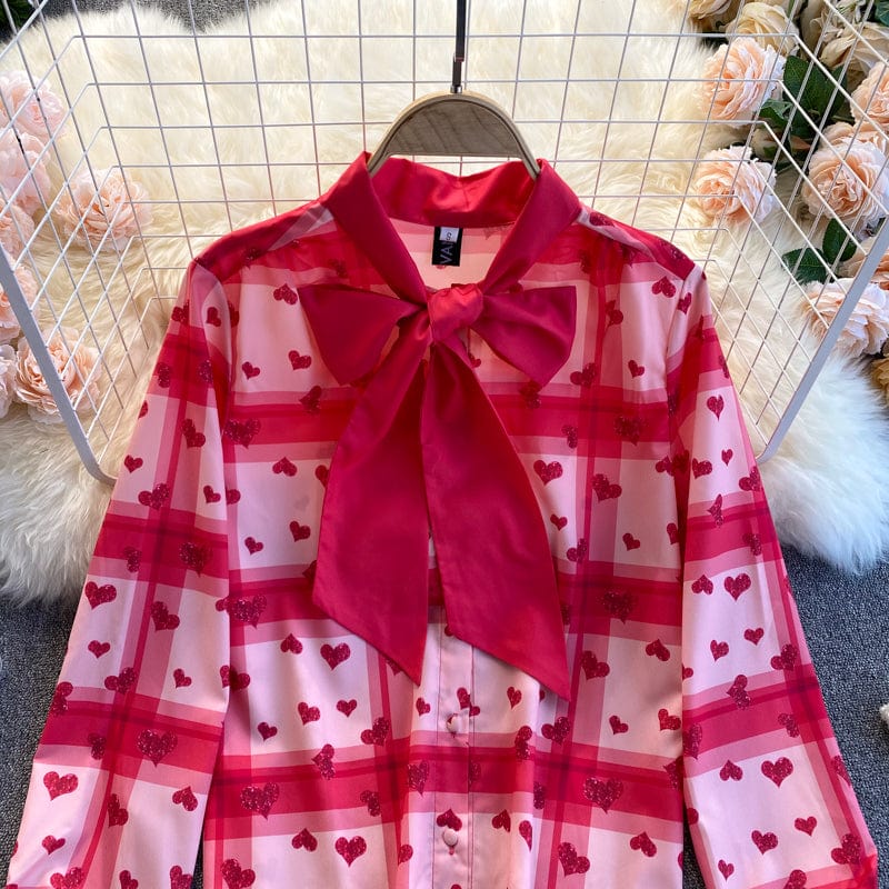 Spring and Autumn New Bow Tie Heart Print Checker Pattern Versatile Shirt Women's Sweet Top Fashion