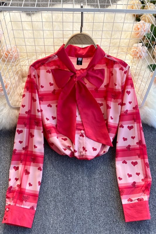 Spring and Autumn New Bow Tie Heart Print Checker Pattern Versatile Shirt Women's Sweet Top Fashion