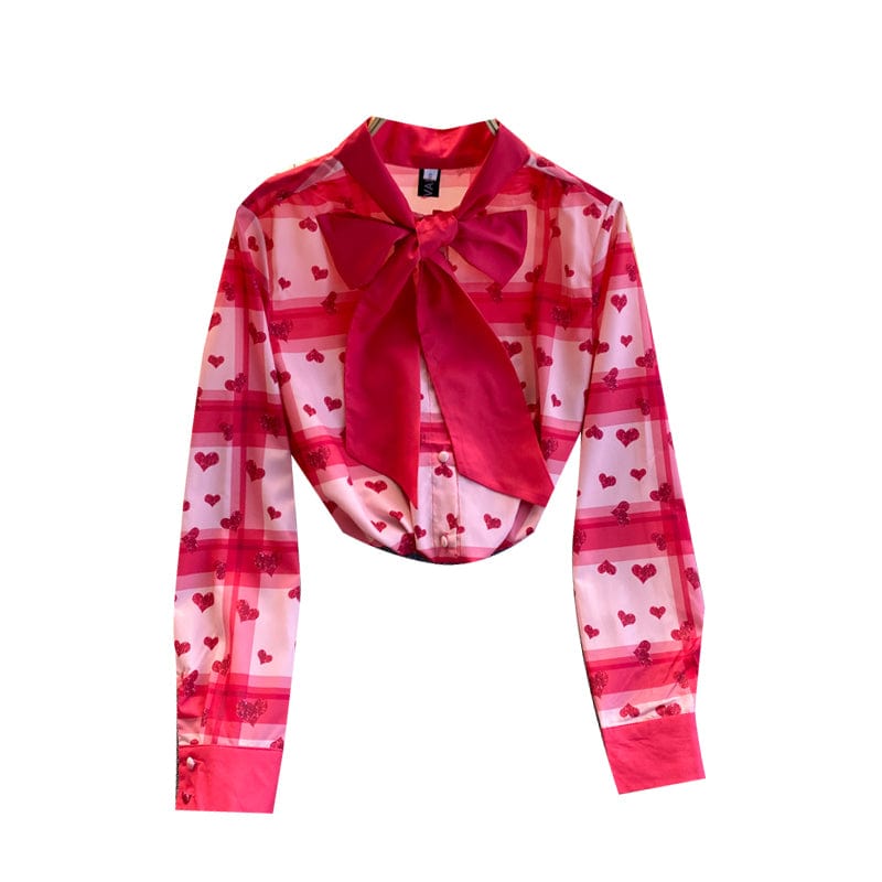 Spring and Autumn New Bow Tie Heart Print Checker Pattern Versatile Shirt Women's Sweet Top Fashion