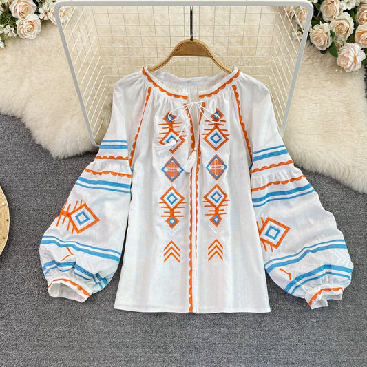 Spring and Autumn New Loose fitting Ethnic Style Embroidery Slim Lantern Sleeve Top Women's Round Neck Pullover Shirt