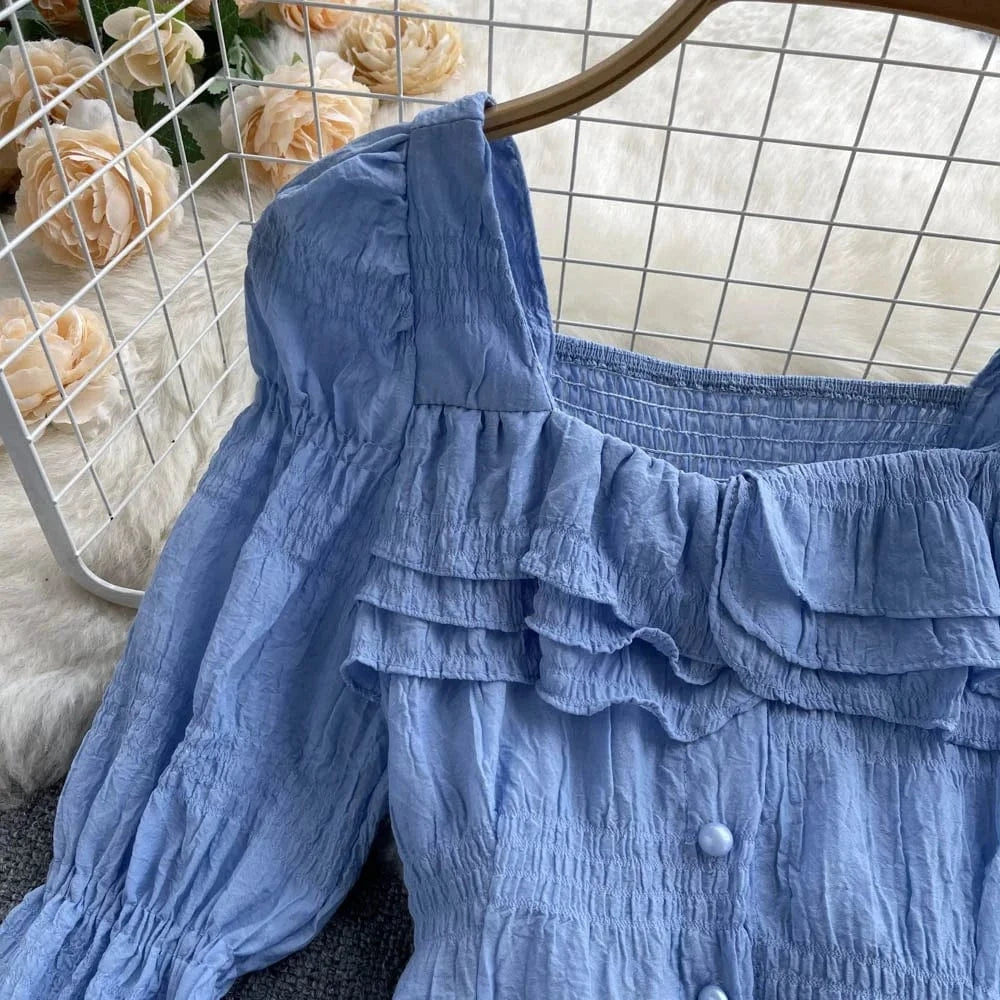 Spring and Autumn New Women Ruffle Square Neck Pretty Flare Long Sleeve Blouse Shirt