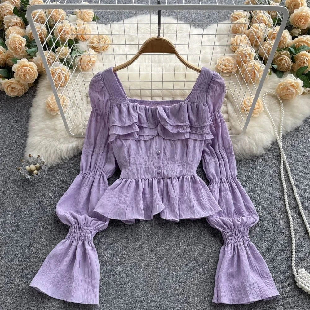 Spring and Autumn New Women Ruffle Square Neck Pretty Flare Long Sleeve Blouse Shirt