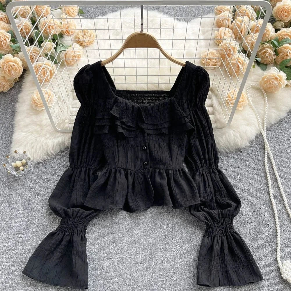 Spring and Autumn New Women Ruffle Square Neck Pretty Flare Long Sleeve Blouse Shirt