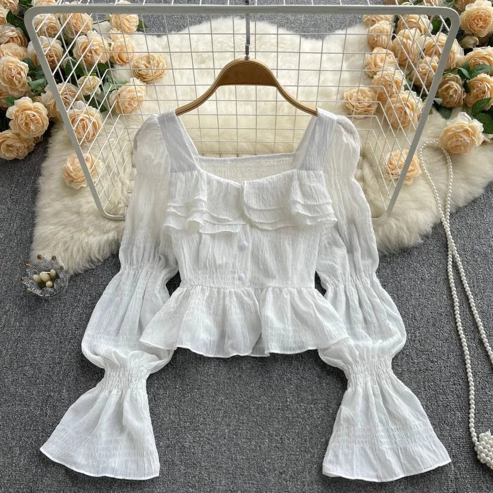 Spring and Autumn New Women Ruffle Square Neck Pretty Flare Long Sleeve Blouse Shirt