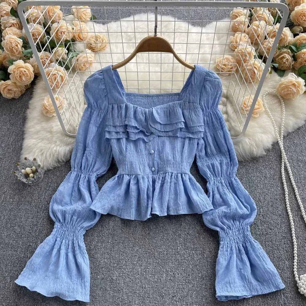 Spring and Autumn New Women Ruffle Square Neck Pretty Flare Long Sleeve Blouse Shirt