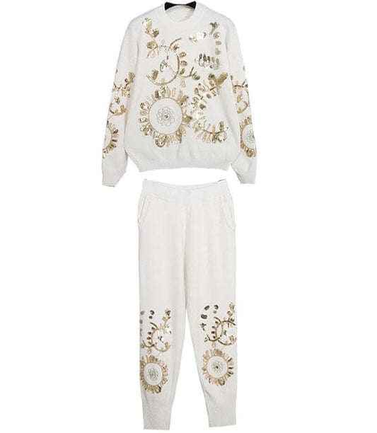 Spring and autumn new women's clothing European station sequined personality loose long-sleeved sweater sweater foot pants suit