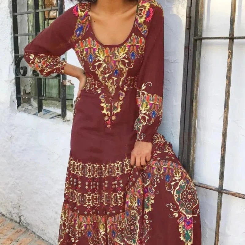 Spring And Autumn U-neck Pullover Fashion Retro Printed Elegant Long Sleeve Long Dress 2023