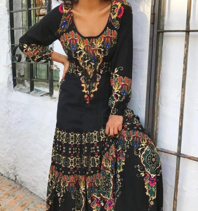 Spring And Autumn U-neck Pullover Fashion Retro Printed Elegant Long Sleeve Long Dress 2023