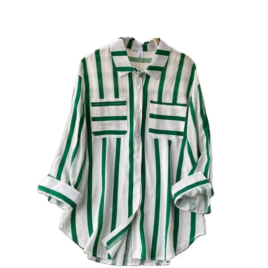 Spring And Autumn Women's New Mid-length Vertical Stripes Multi-color Shirt Lapel Coat Female Casual Loose Blouse