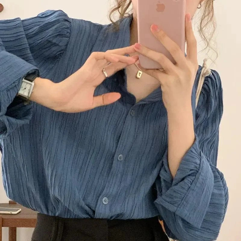 Spring And Autumn Women Shirt Femininity Loose Thin Long Sleeves Comfortable Casual Polo Neck Design Sense Public Lady Blouse